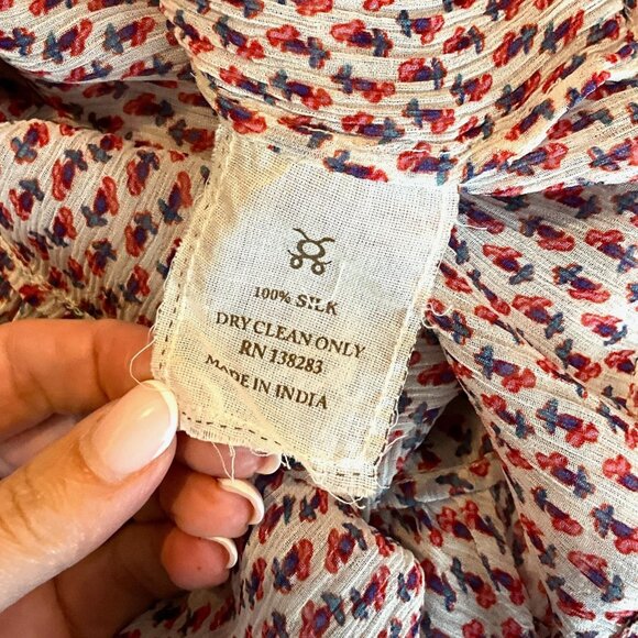 Figue Vera Tassel Top in Multi Red Ruffled Sheer Size S 100% Silk Sleeveless - Picture 9 of 9